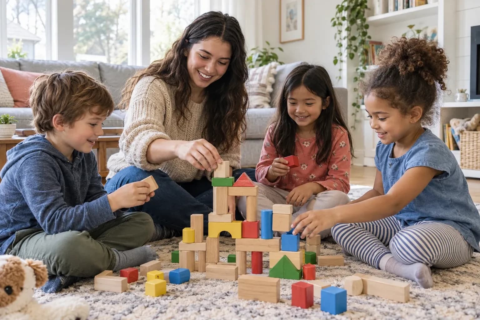 Babysitter and three children building with wooden blocks in a bright living room